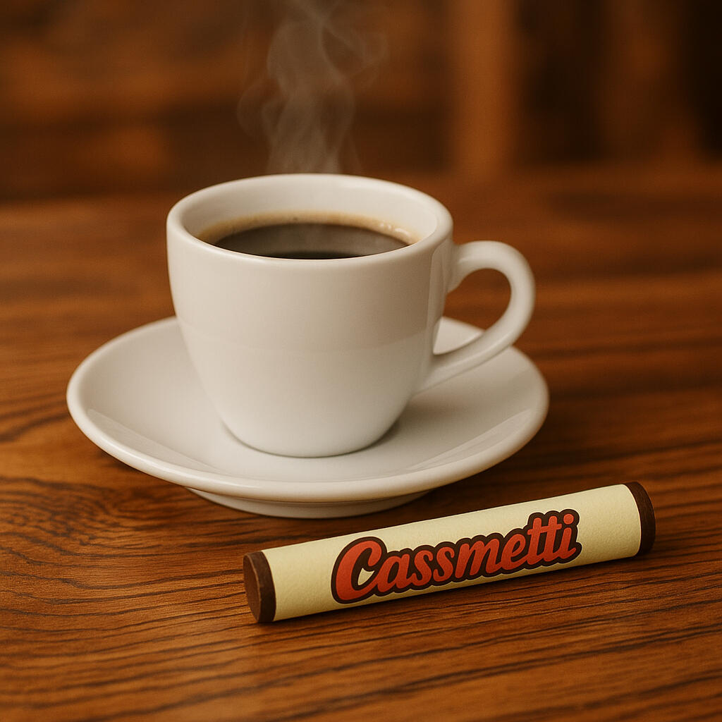A steaming cup of coffee on a wooden table next to a rolled Cassmetti fortune slip with branded packaging.