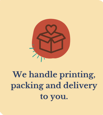 Cassmetti logistics graphic – icon of a delivery box with a heart above it and the text 'We handle printing, packing and delivery to you.'